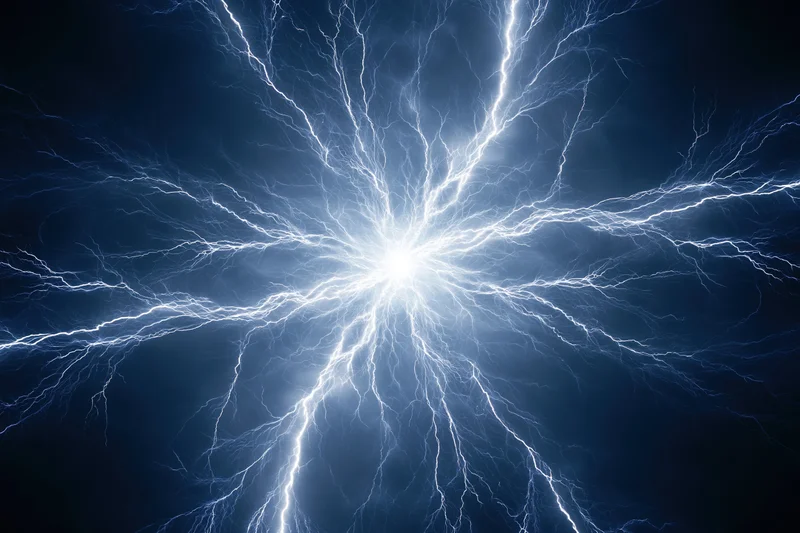Branching lightning bolts radiating from a central point against a dark blue background