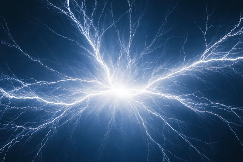 Branching lightning bolts radiating from a central point against a dark blue background