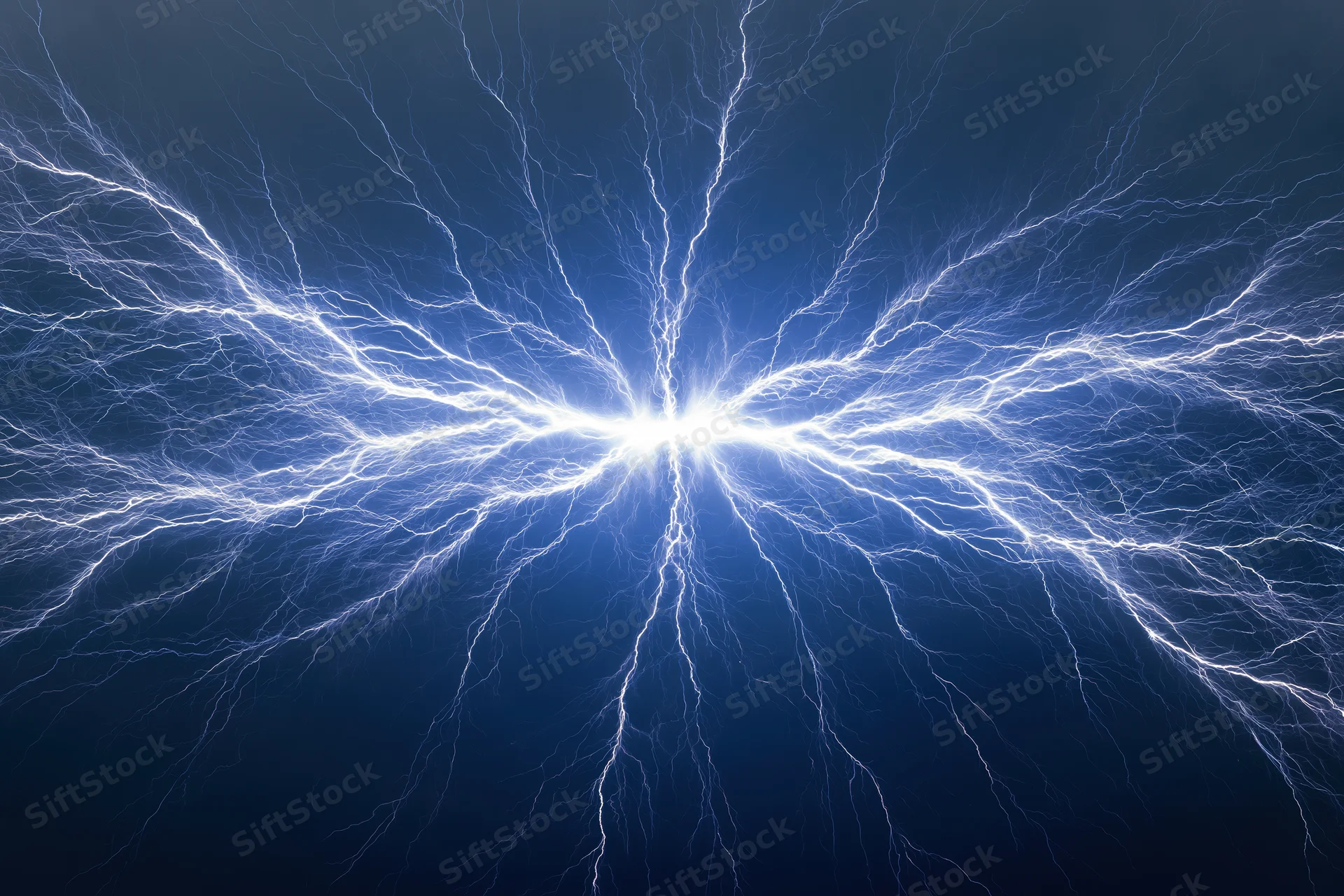 Electric plasma discharge with branching lightning bolts radiating outward in dark blue space