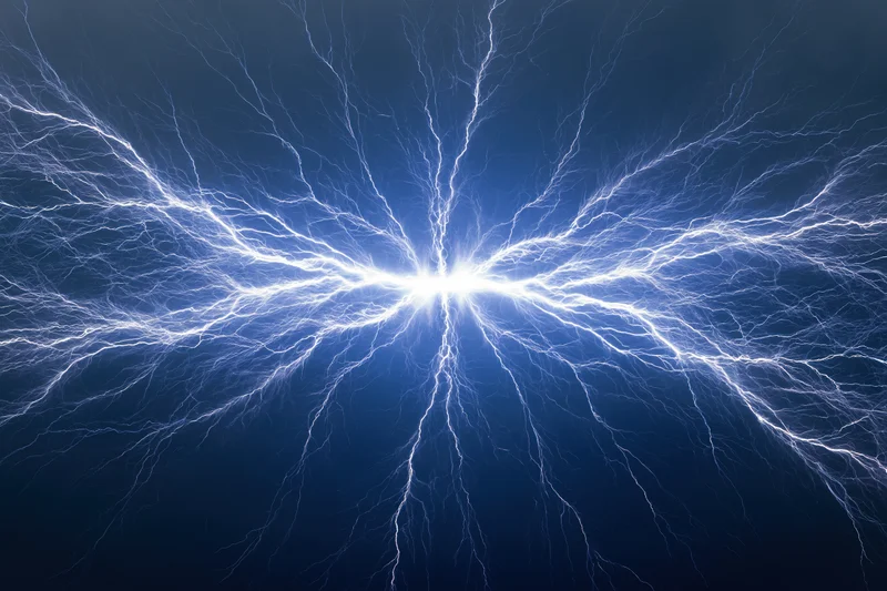 Electric plasma discharge with branching lightning bolts radiating outward in dark blue space