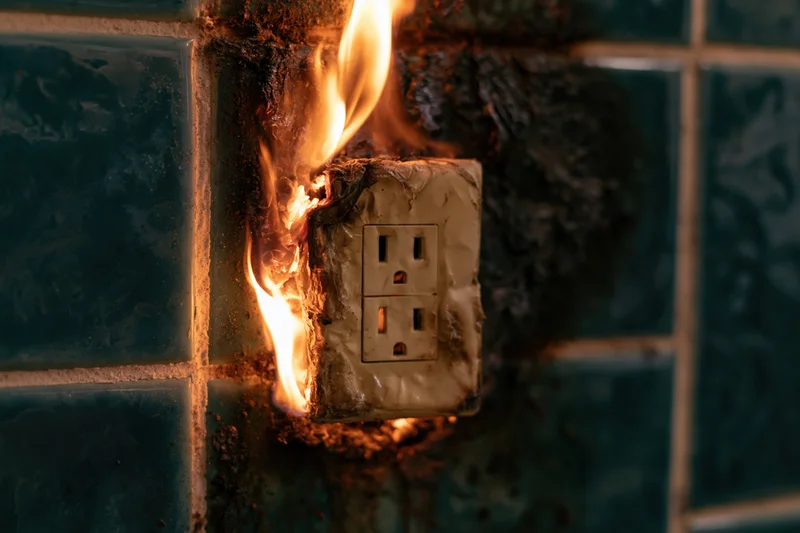 Burning electrical outlet on tiled wall with flames and melted plastic