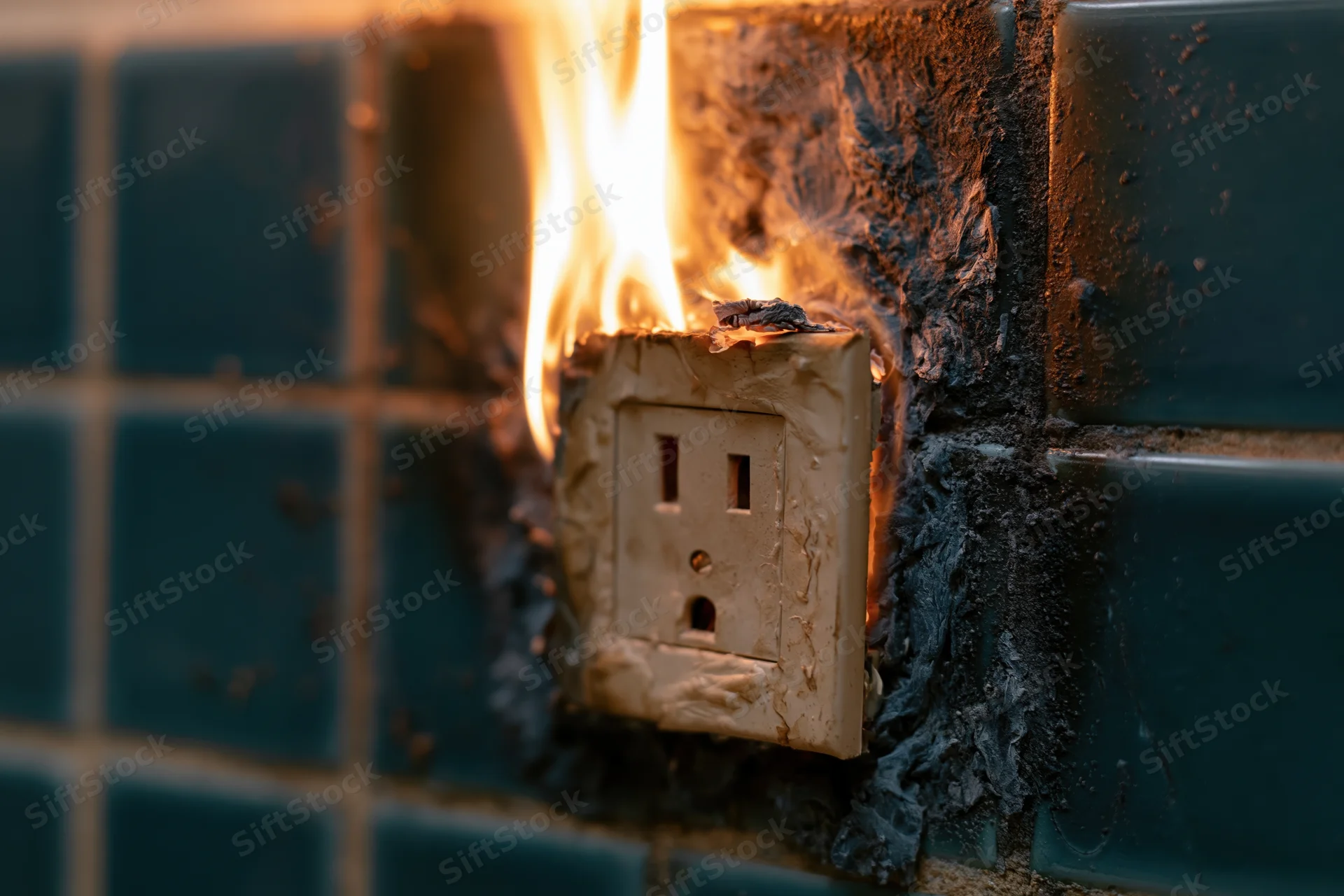 Burning electrical outlet with flames and melted plastic on tiled wall