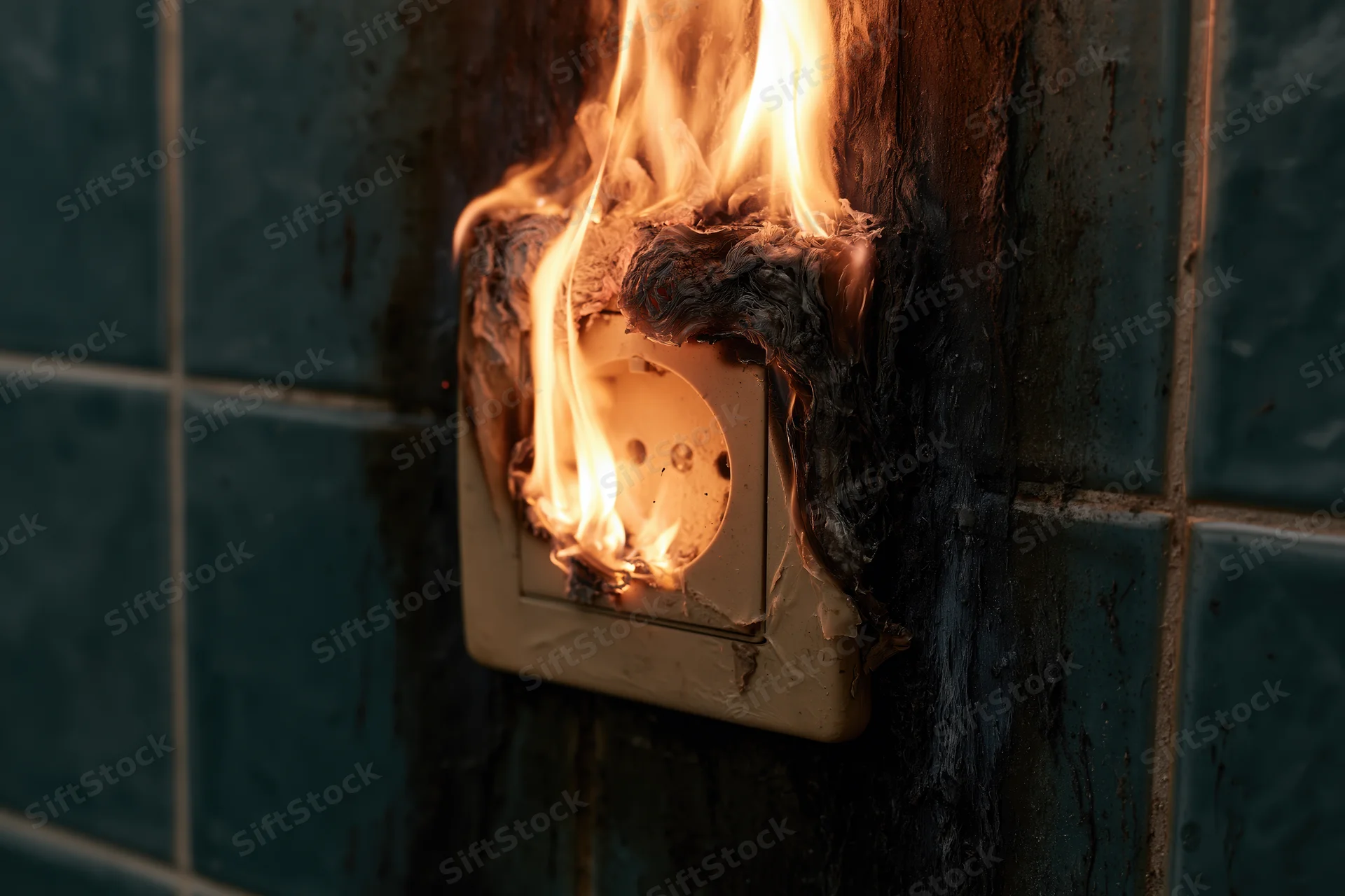 Burning electrical outlet on tiled wall with flames and melted plastic