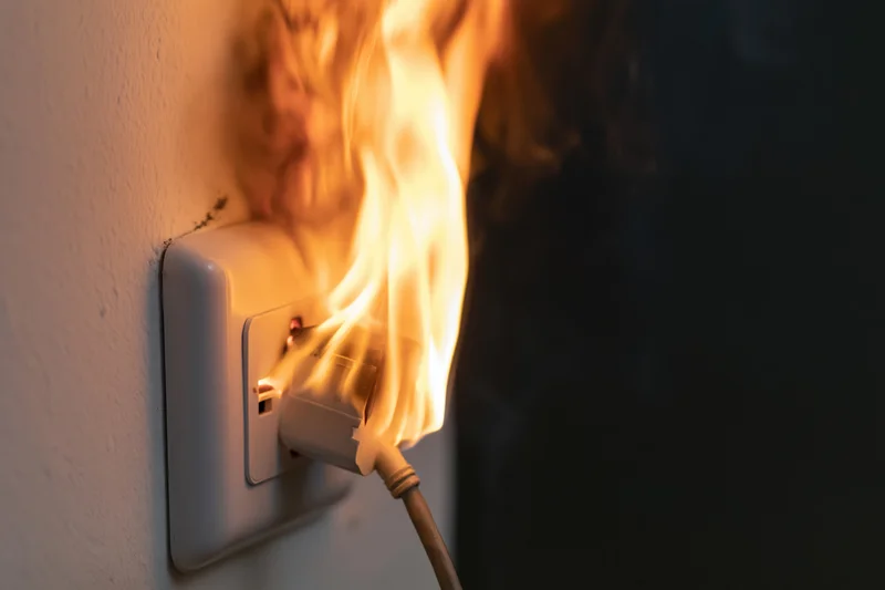 Flames erupting from a white electrical wall outlet with a plugged-in cord