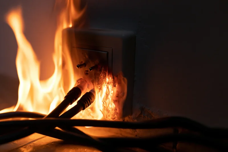 Flames engulfing an electrical wall outlet with cables plugged in, dark indoor setting