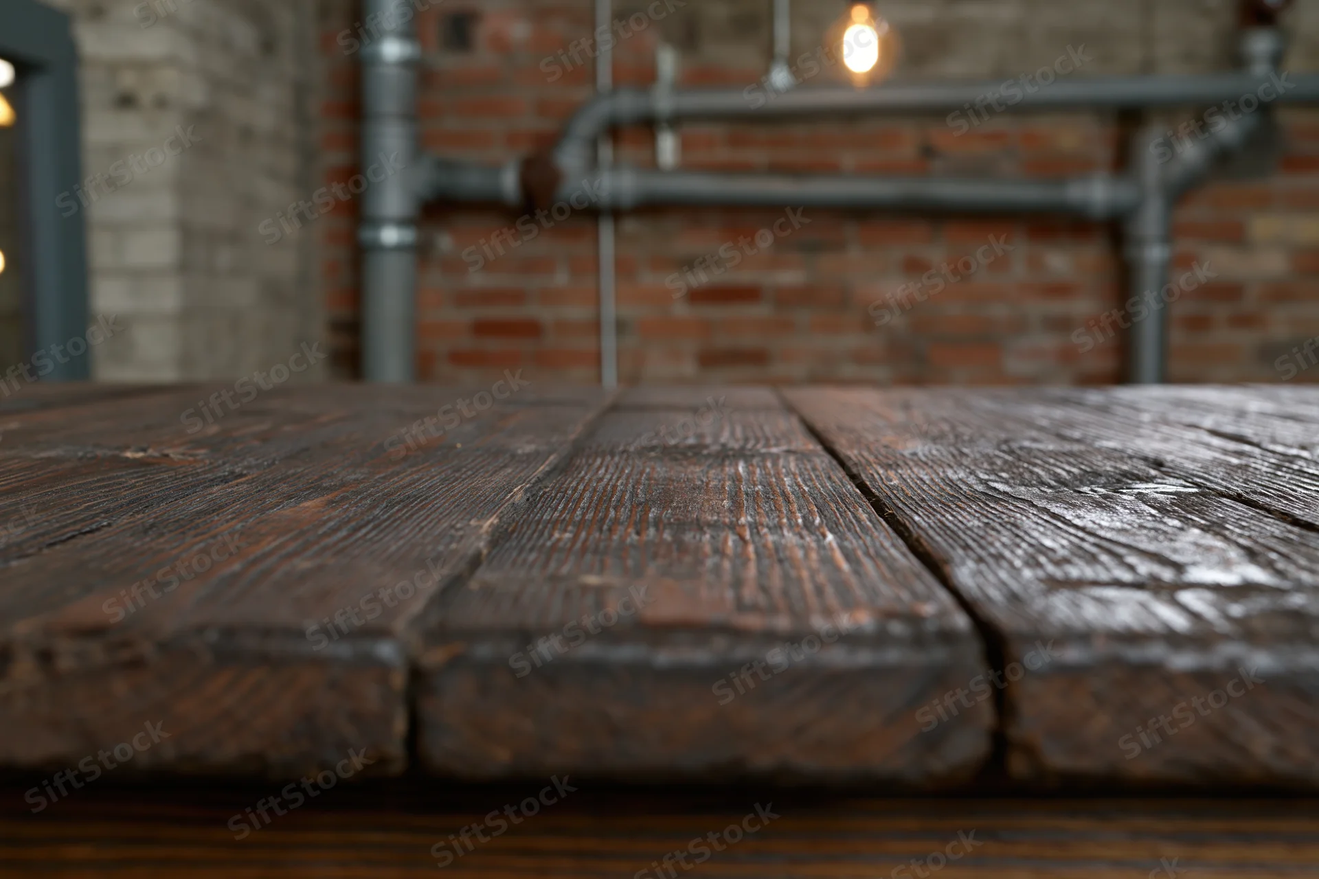 Dark weathered wooden tabletop in an industrial loft interior with exposed brick and metal pipes