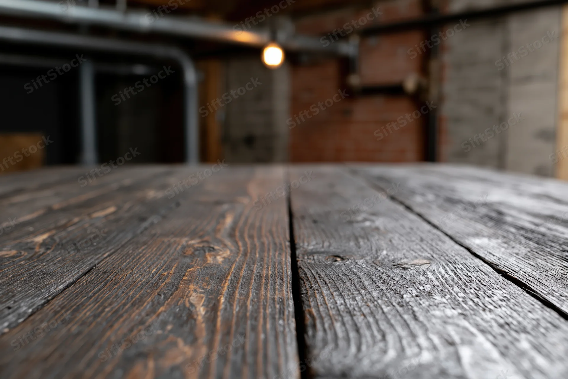 Dark weathered wooden tabletop in an industrial loft interior with exposed pipes and brick walls