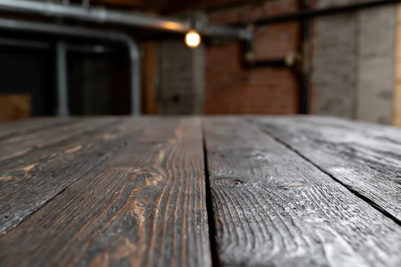 Dark weathered wooden tabletop in an industrial loft interior with exposed pipes and brick walls