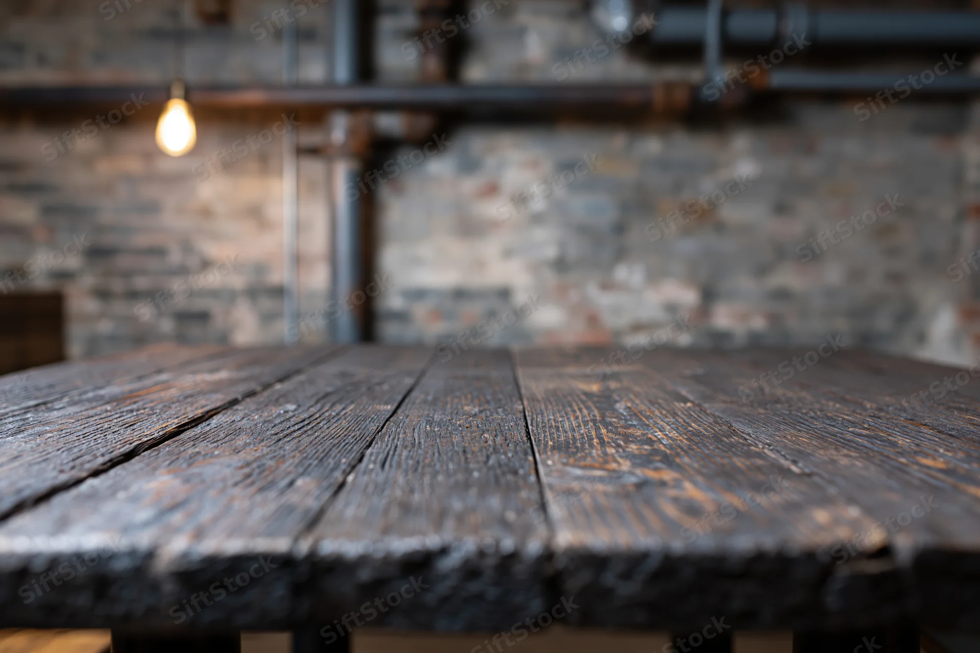 Dark weathered wooden table in industrial interior with exposed pipes and brick wall