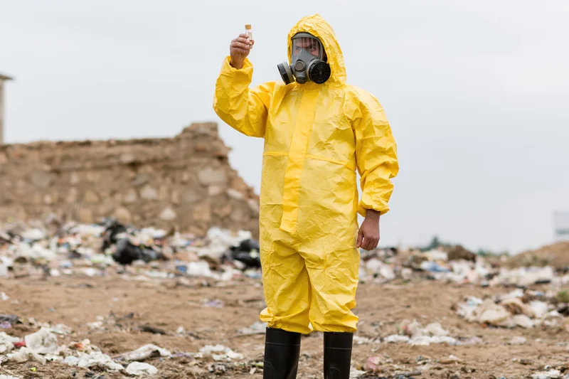 Environmental worker in yellow hazmat suit holding test bottle at landfill site