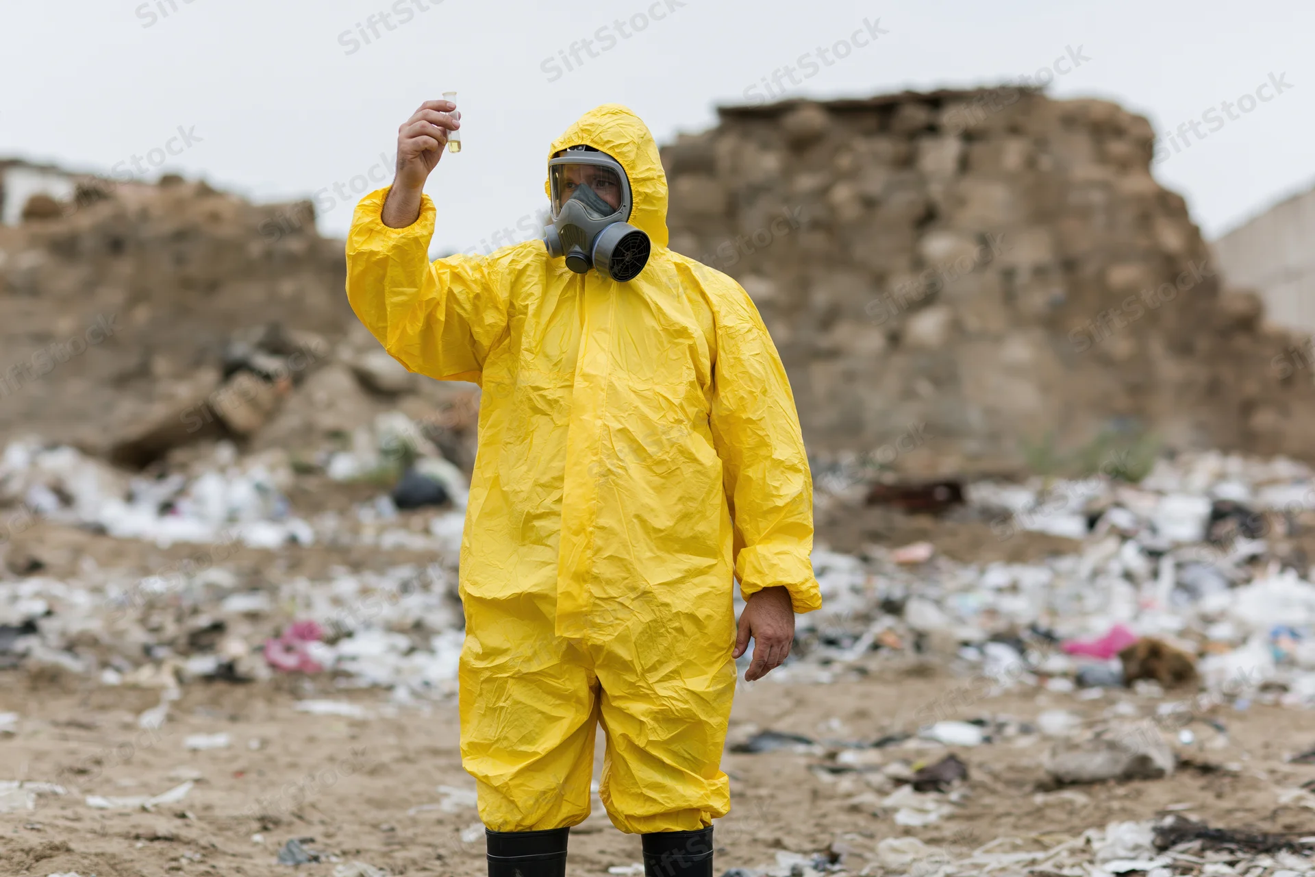 Environmental worker in yellow hazmat suit holding vial for testing at landfill site