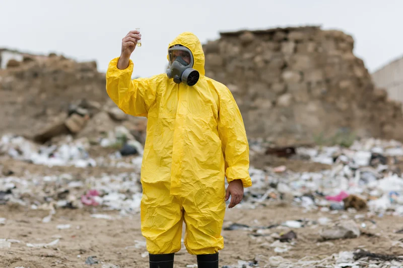 Environmental worker in yellow hazmat suit holding vial for testing at landfill site