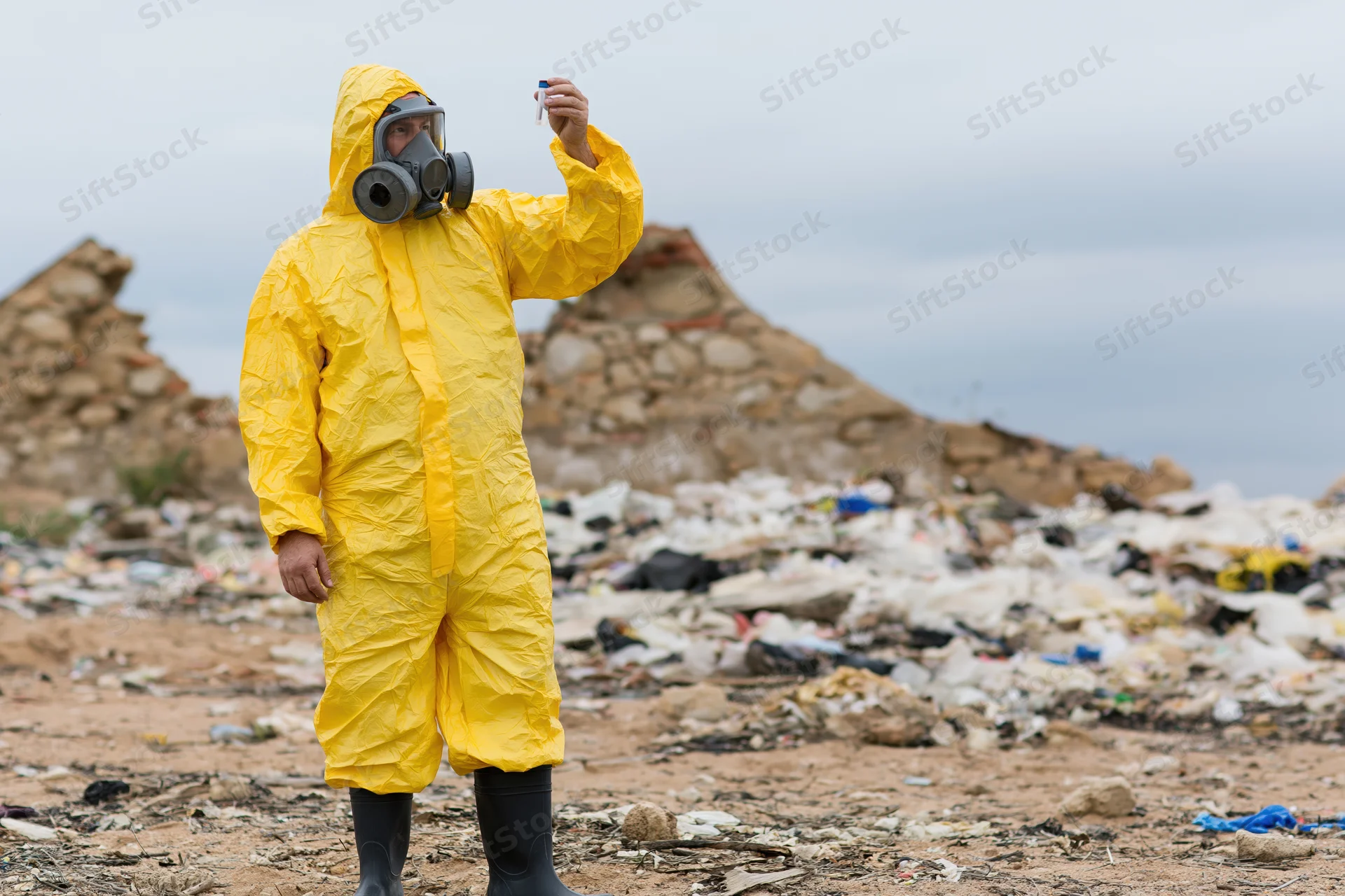 Environmental worker in yellow hazmat suit and gas mask holding a sample vial at a polluted landfill site