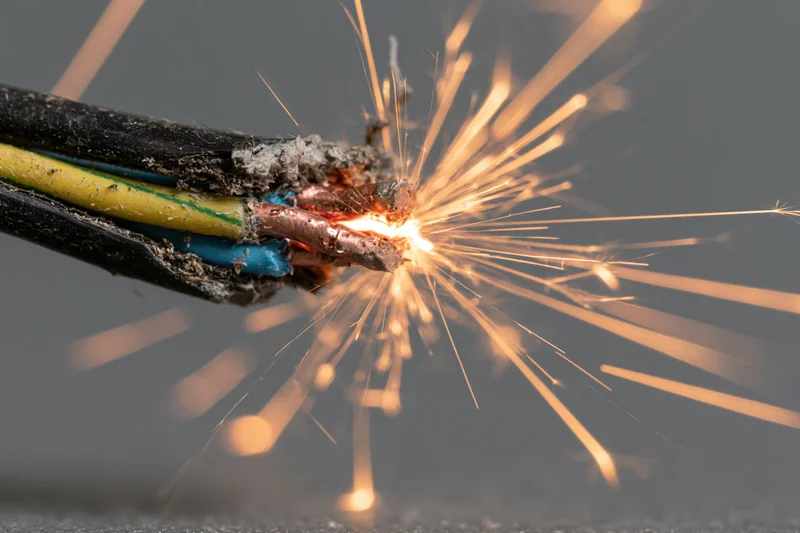 Exposed electrical wires sparking at a frayed connection