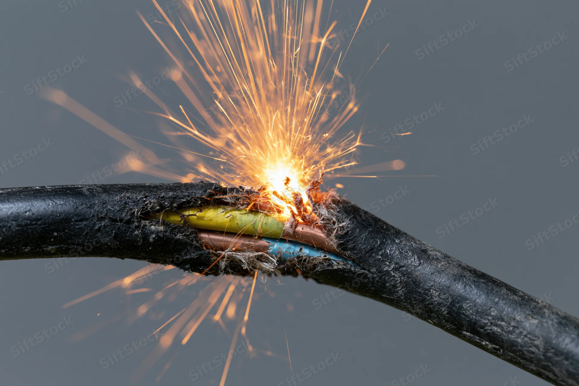 Frayed electrical wire sparking at exposed copper conductor against gray background