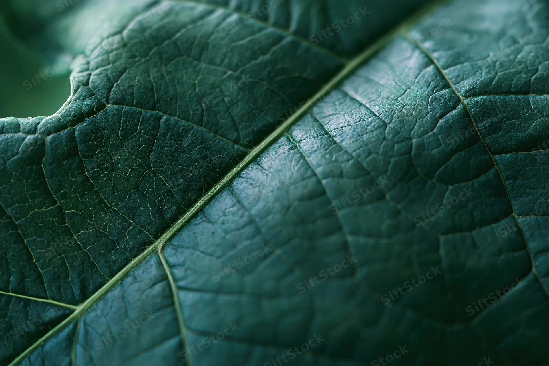 Extreme closeup of a dark green leaf showing detailed veins and texture