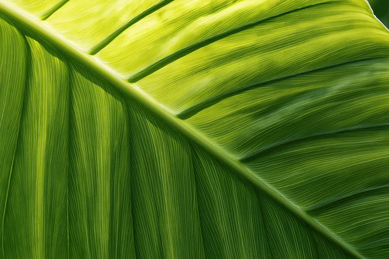 Close-up of a large tropical leaf showing detailed veins and texture under sunlight
