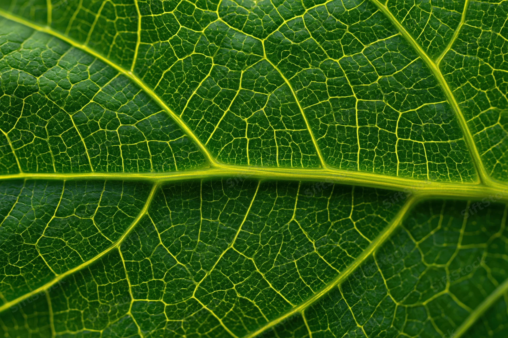 Extreme closeup of a green leaf showing detailed vein network and texture