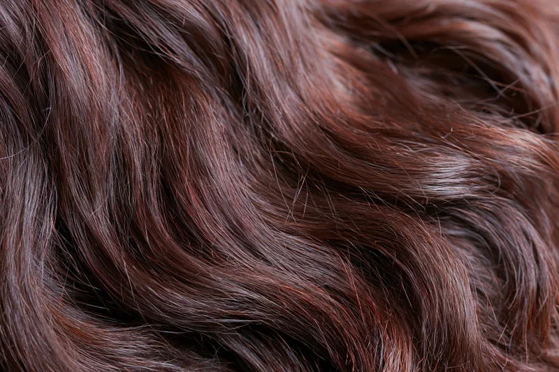Closeup of dark brown wavy hair with glossy texture filling the frame