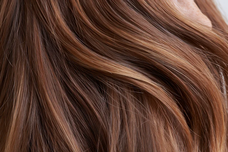 Closeup of flowing medium-brown hair with highlights and waves