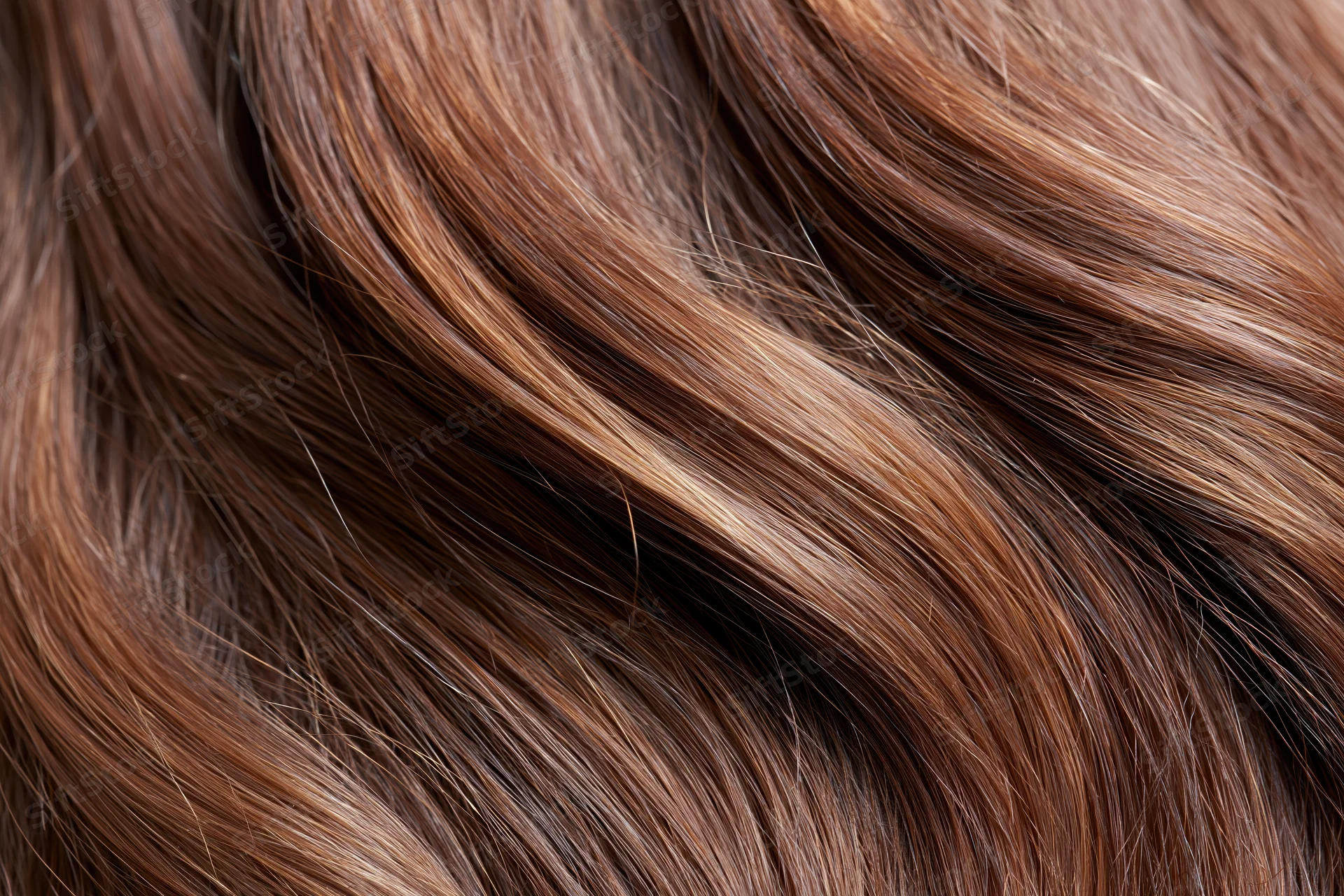 Closeup of flowing medium-brown hair strands with natural shine and texture