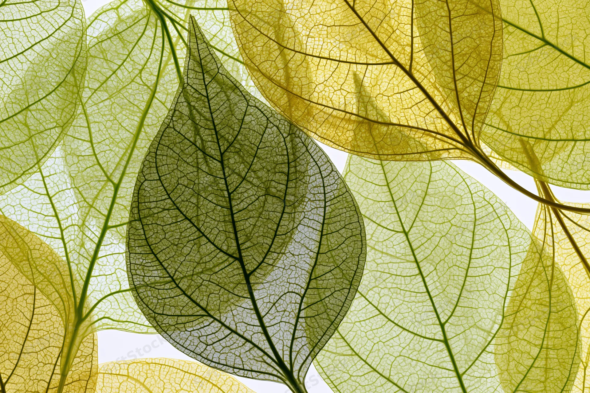 Translucent leaves with visible venation overlapping in a closeup macro view