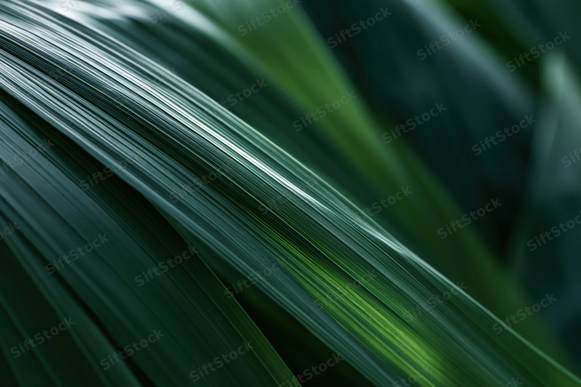 Closeup of overlapping tropical plant leaves showing detailed texture and natural green hues