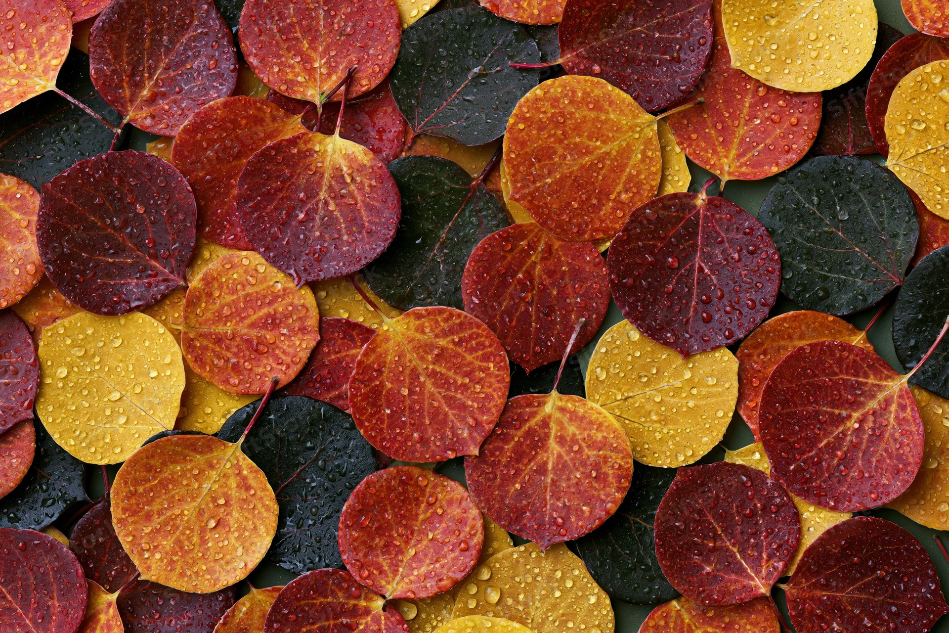 Dense layer of wet aspen leaves in red orange yellow and black scattered on ground in autumn