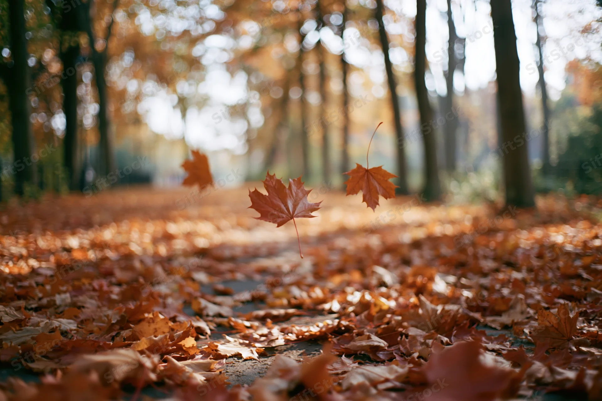 Falling maple leaves over a park path covered in autumn foliage