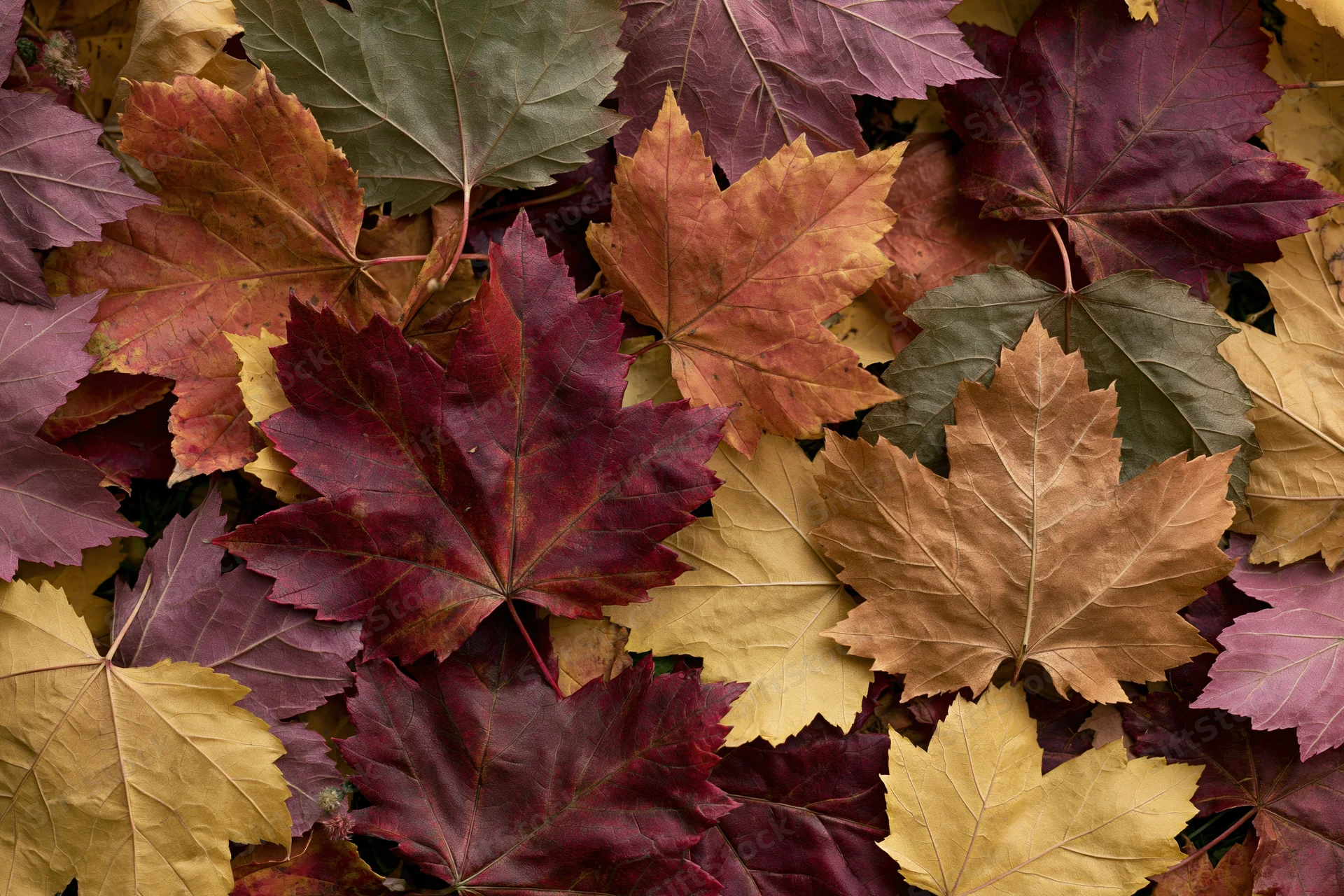 Fallen maple leaves in autumn colors covering the ground in a flat lay arrangement