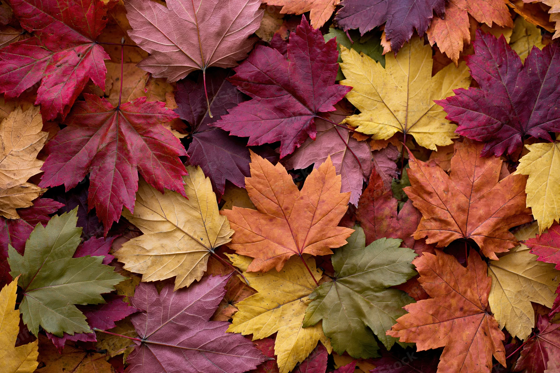 Fallen maple leaves in vibrant autumn colors covering the ground in a flat lay overhead view