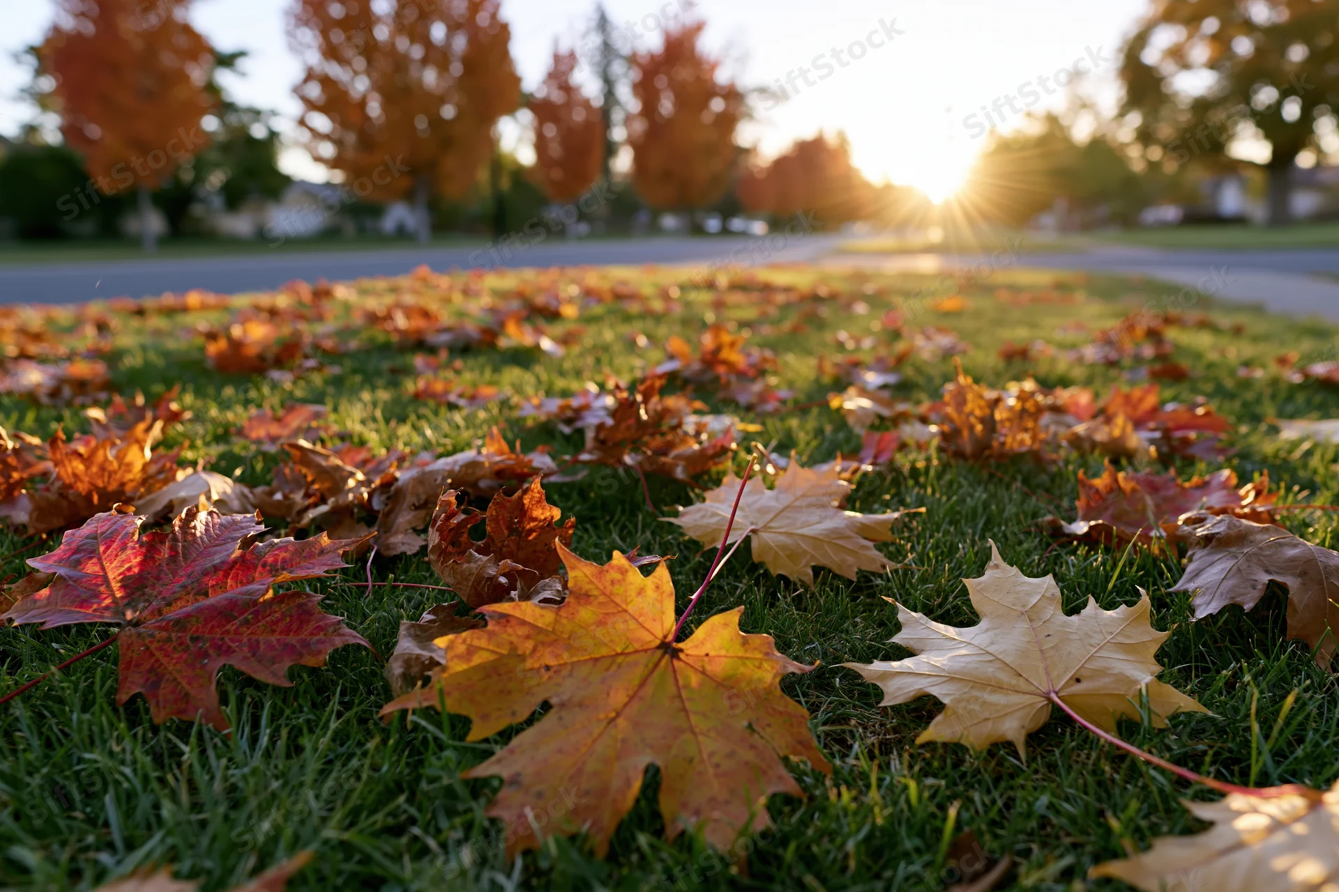 Fallen maple leaves scattered across a green lawn at sunset in a suburban yard
