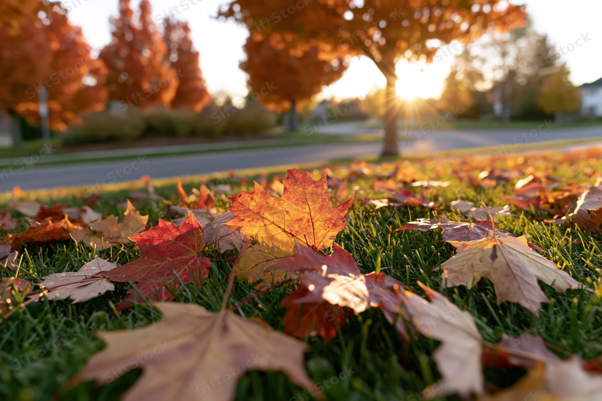 Fallen maple leaves scattered across a green lawn in a suburban yard at sunset
