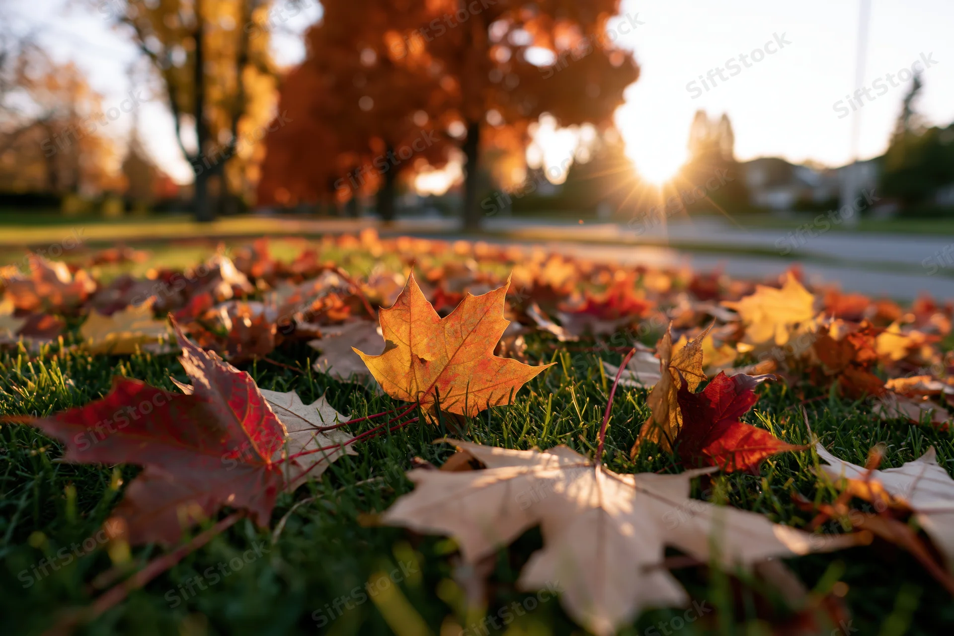 Fallen maple leaves scattered across a green grass lawn in a park at sunset