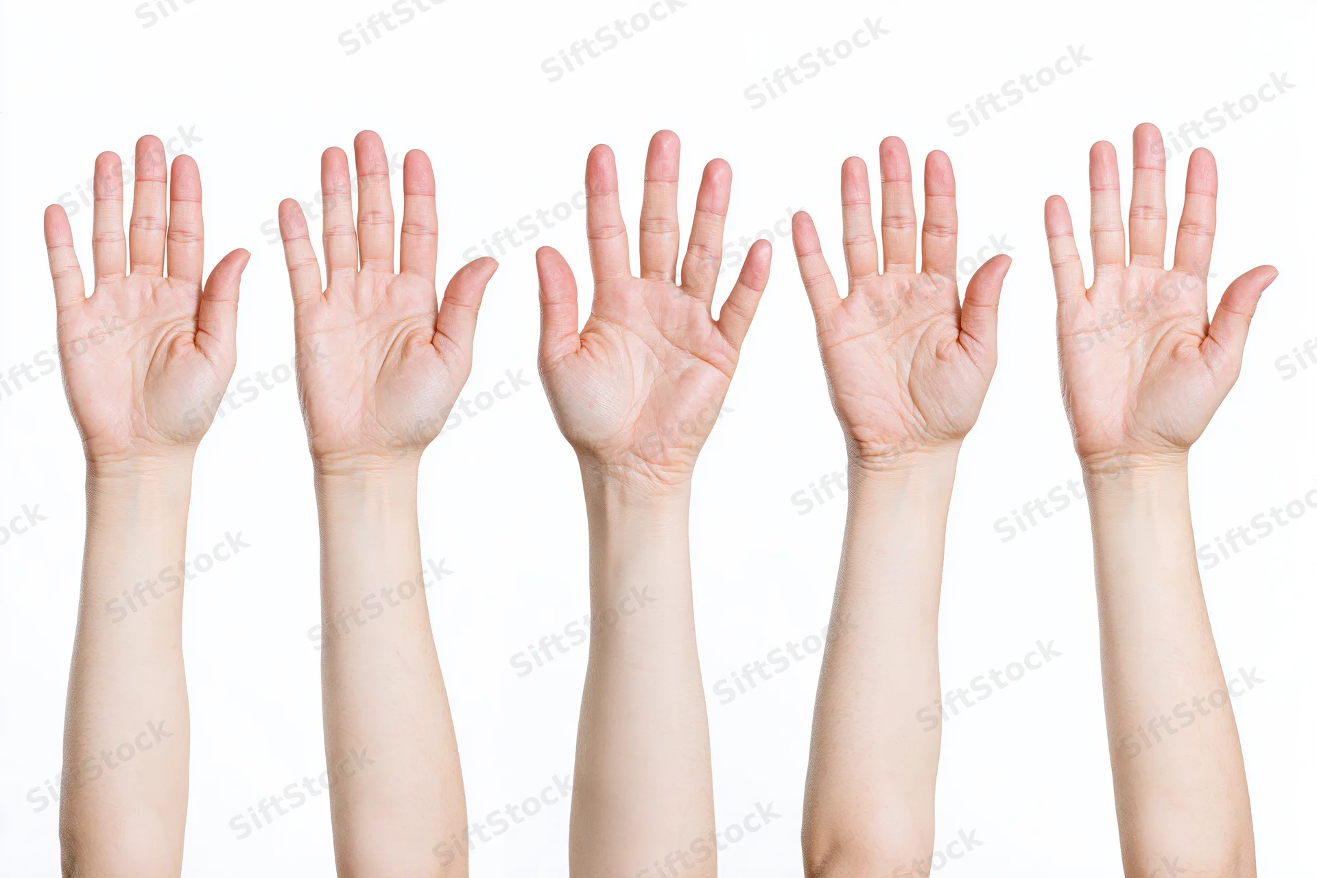 Five female hands raised with palms facing forward against a white background