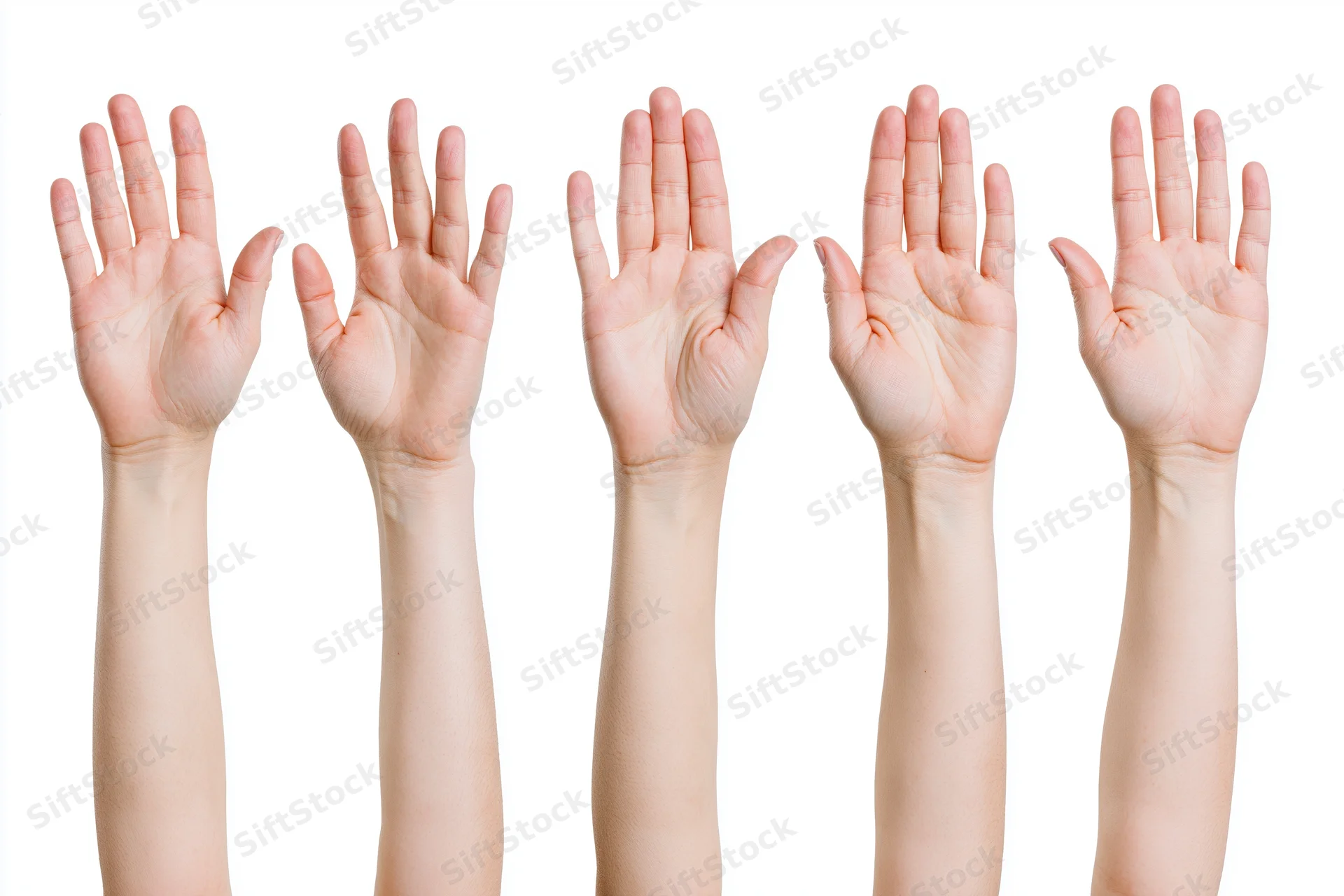 Five female hands raised with palms facing forward against a white background