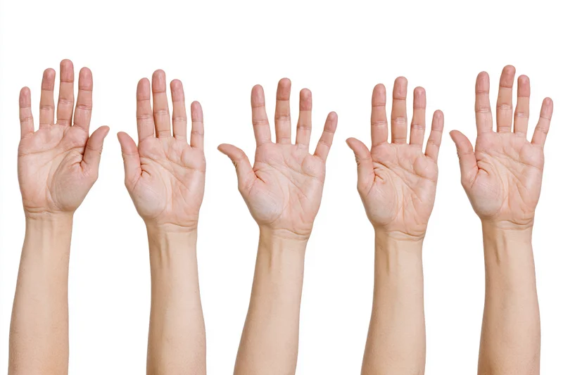 Five female hands raised palm up against a white background