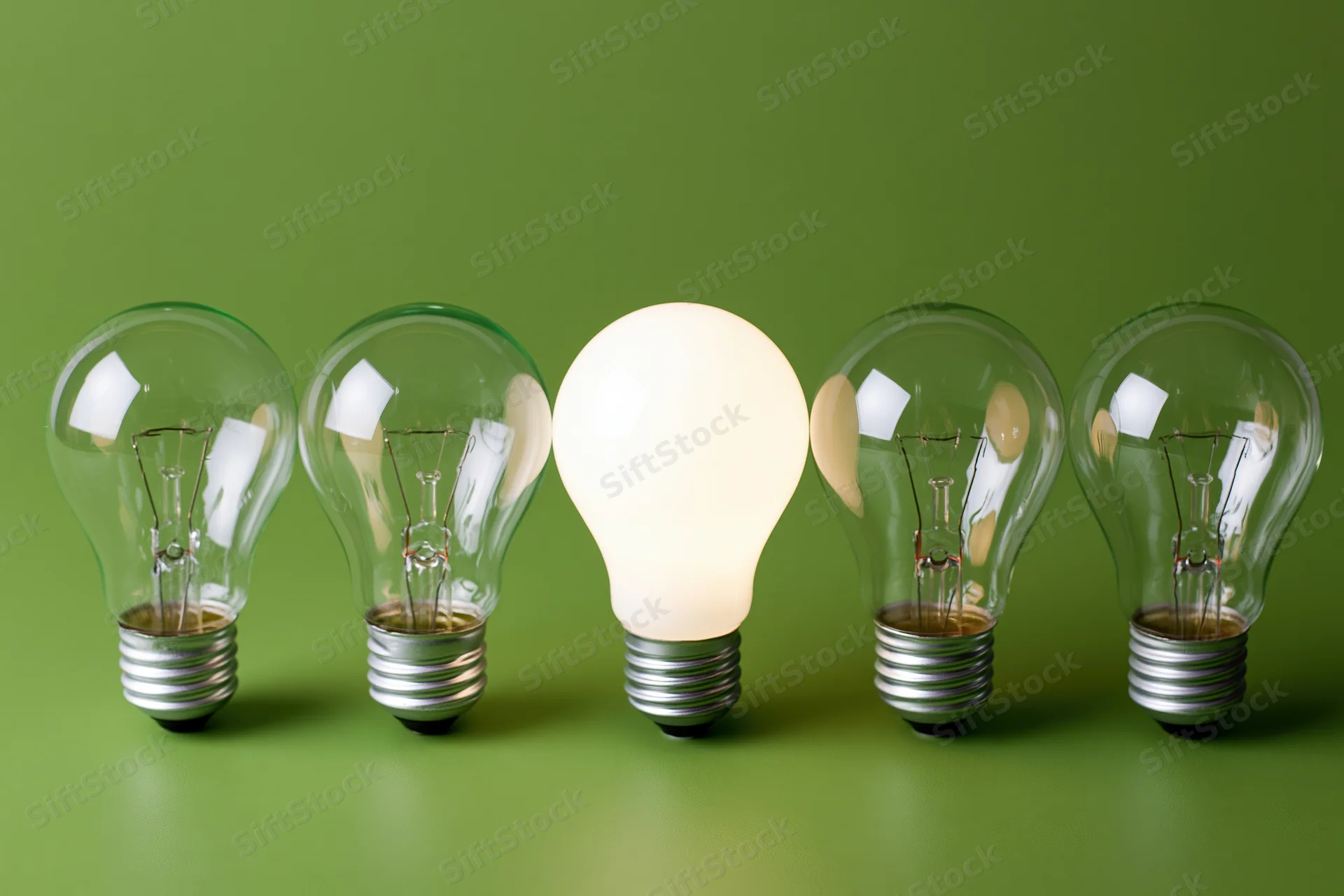 Five incandescent light bulbs in a row with one illuminated against a green background