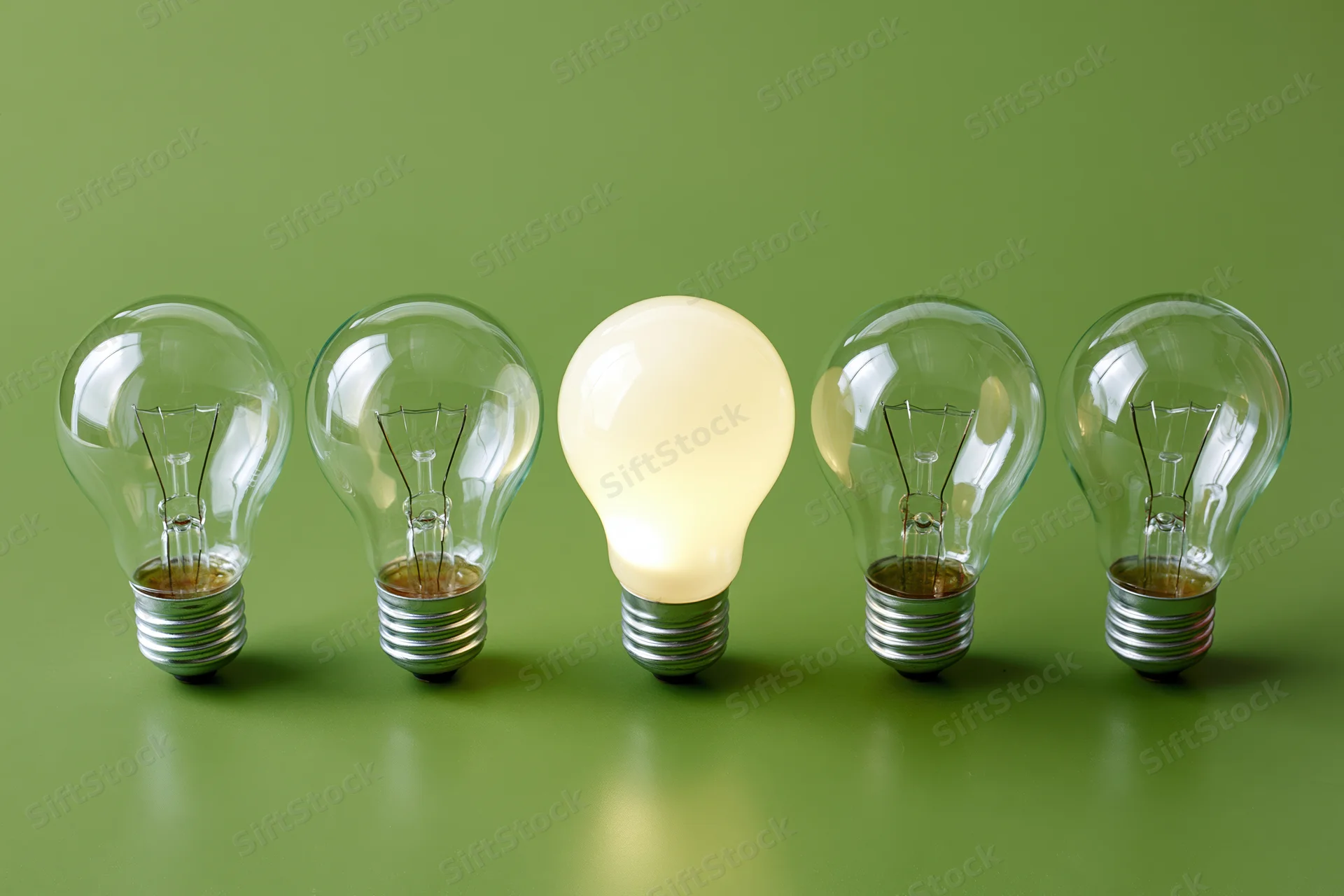 Five incandescent light bulbs in a row with one illuminated on a green surface