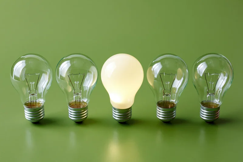 Five incandescent light bulbs in a row with one illuminated on a green surface