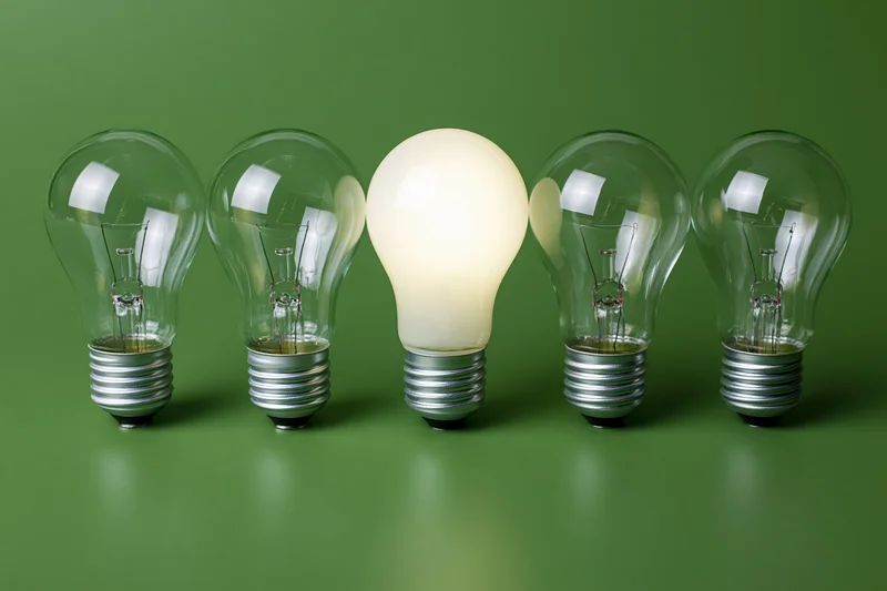Five incandescent light bulbs in a row with one glowing on a green background