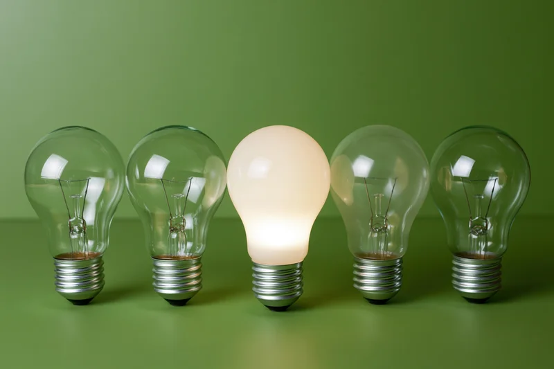 Five incandescent light bulbs in a row with one illuminated against a green background