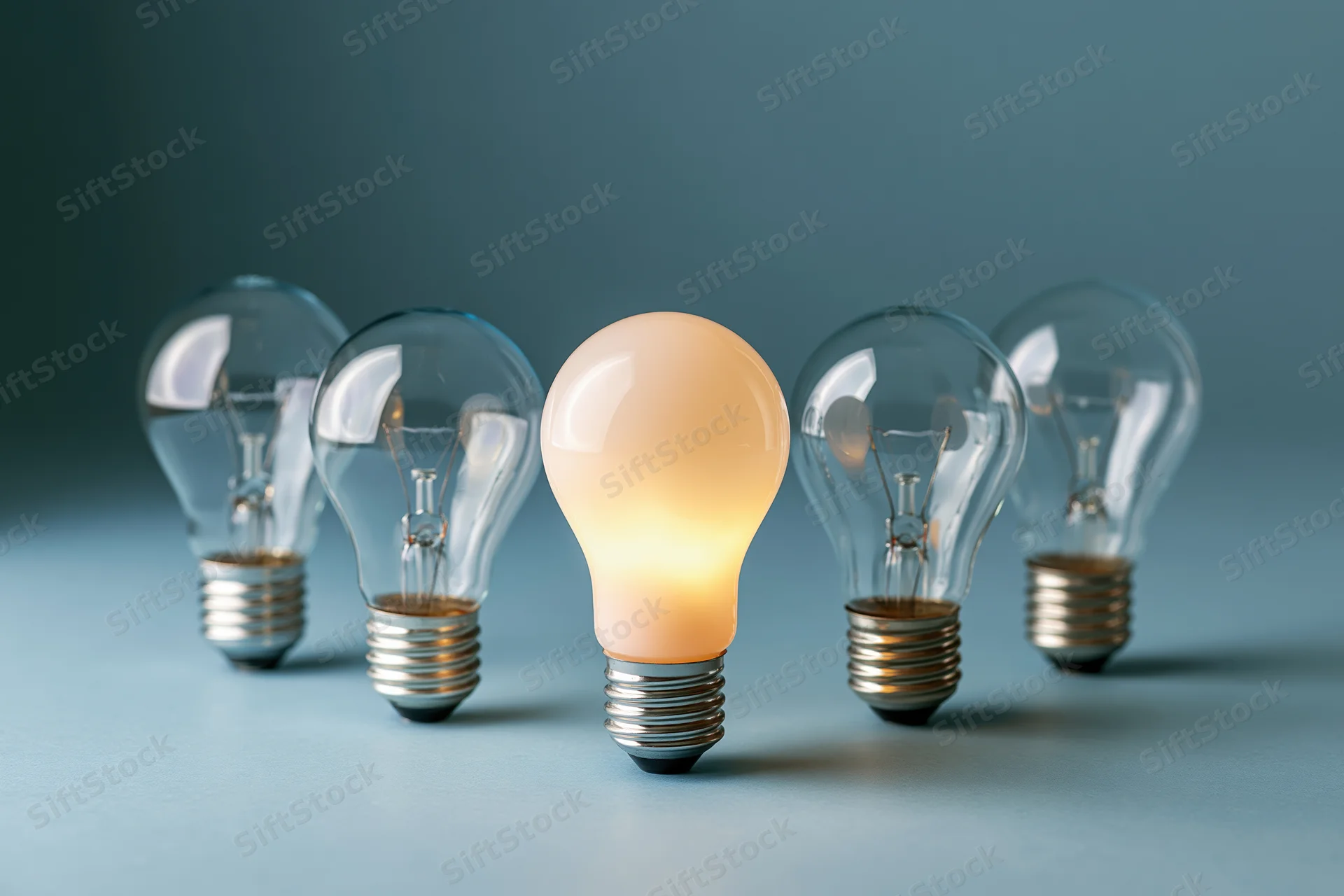 Five incandescent light bulbs in a row with one glowing on a blue surface