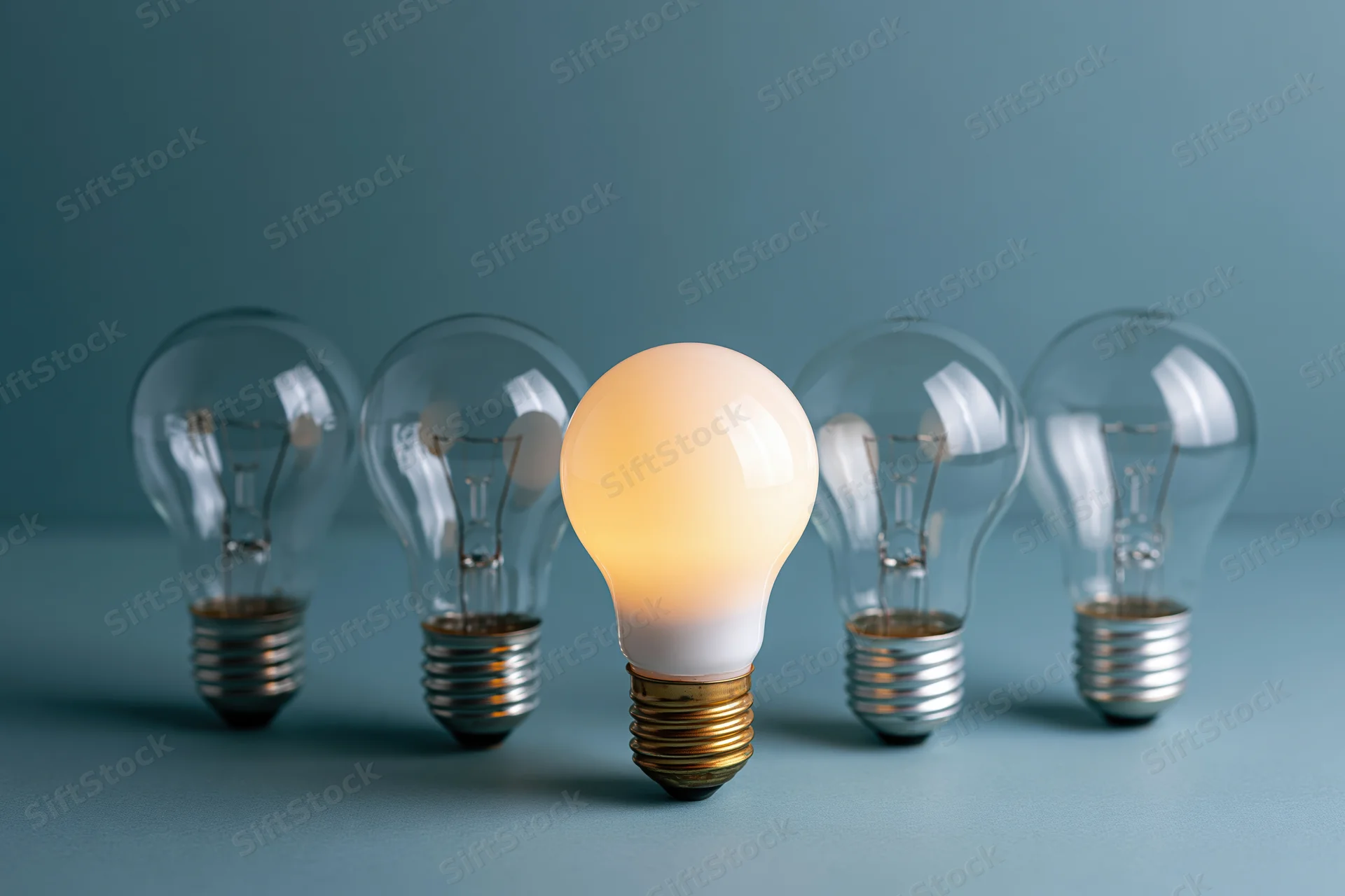 Five incandescent light bulbs in a row with one glowing in the center on a blue surface