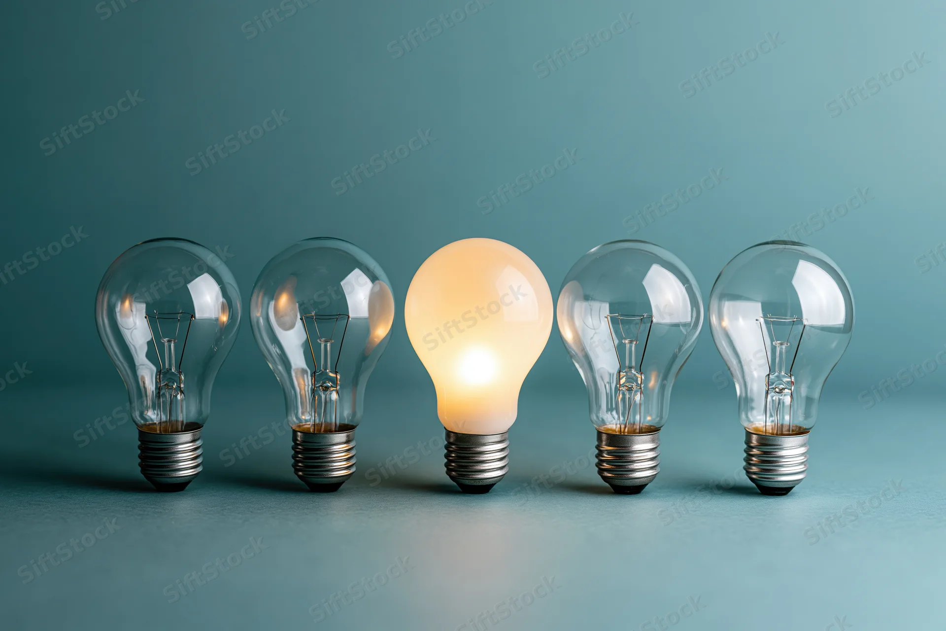 Five incandescent light bulbs in a row with one glowing against a blue background