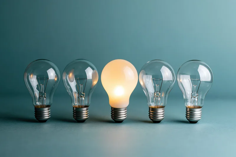 Five incandescent light bulbs in a row with one glowing against a blue background