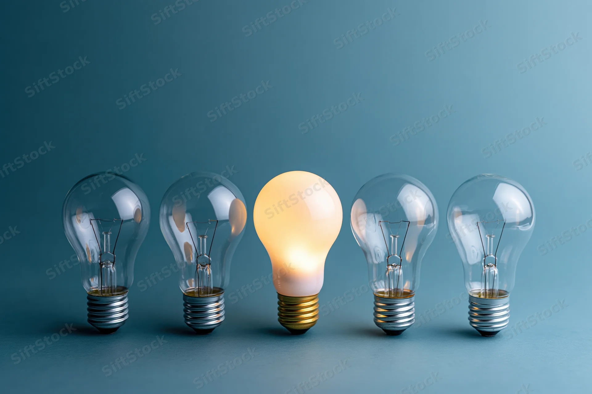 Five incandescent light bulbs in a horizontal row with one glowing against a blue background