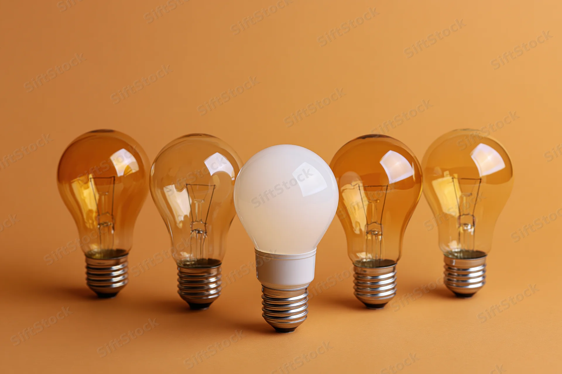 Five lightbulbs in a row with one led bulb centered among incandescent ones on a warm orange background