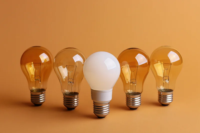 Five lightbulbs in a row with one led bulb centered among incandescent ones on a warm orange background