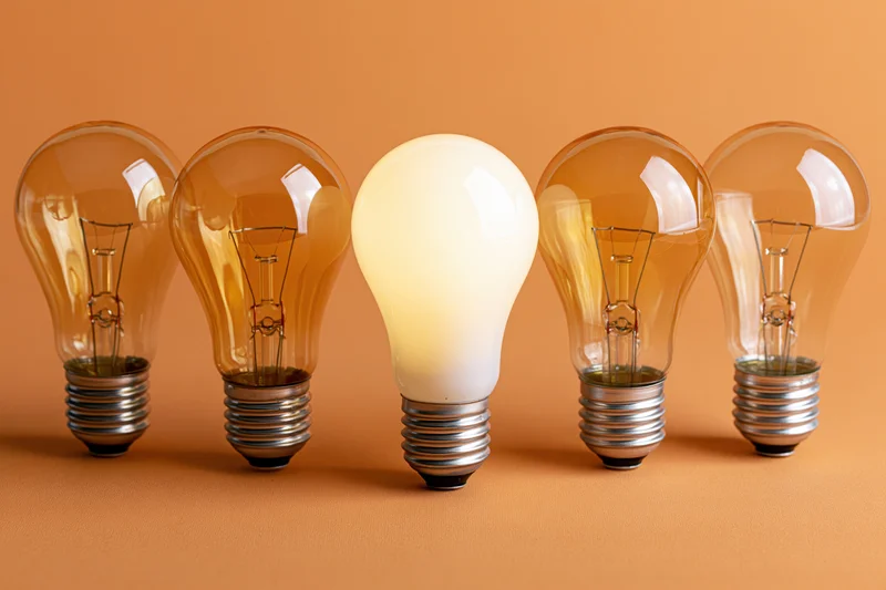 Five incandescent light bulbs in a row with one glowing against an orange background